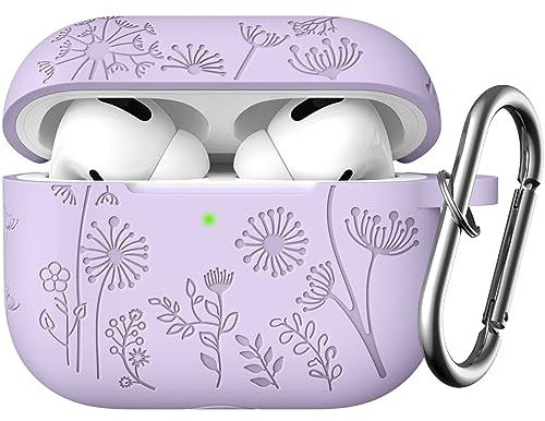 Easuny Floral Gravierte Hülle Kompatibel mit AirPods Pro/Pro 2 Hülle 2022 | Silikon Stoßfeste Hülle Kompatibel für Apple AirPods Pro 2nd/1st Generation Case, mit Karabiner [Front-LED Sichtbar],Lavendel