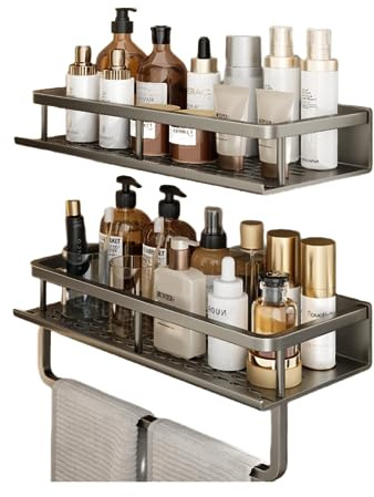 YWHWXB Edelstahl Dusch-Caddy Organizer, Duschregal ohne Bohren, Wandmontiertes Aufbewahrungsregal für Badezimmer, Schlafzimmer, Wohnzimmer, Küche (Grau-2er Pack mit Handtuchstange)