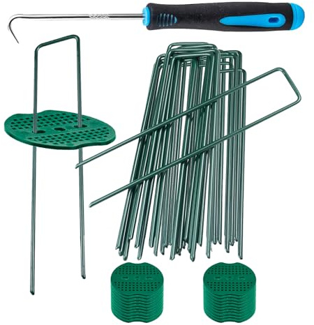 Milaloko 30 Pilas de Película de Deshierbe en Forma de u de Acero Inoxidable + 20 Arandelas de Amortiguación + 1 Gancho, Accesorios de Clavos de Césped Artificial para Paisajes de Jardín, Verde