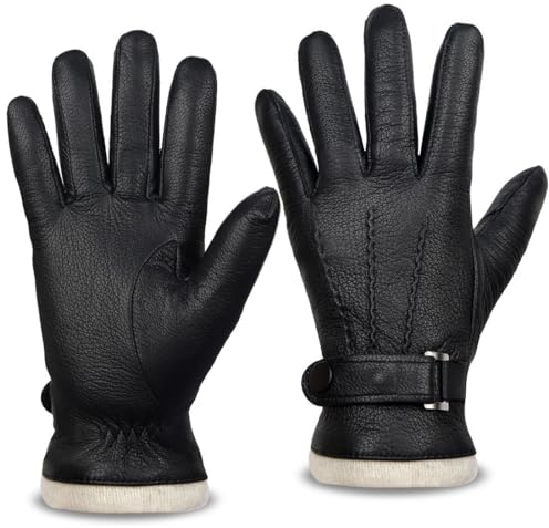 Harssidanzar Gants d'hiver en cuir pour hommes,gants de conduite en cuir véritable avec doublure en cachemire chaud à écran tactile KM051EU,Noir,Taille M