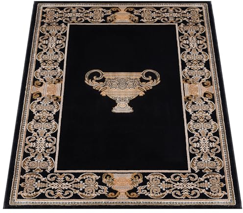 Belle Arti Matta designmatta för vardagsrum, sovrum, svart, guld, antikt utseende med grekiskt amfora-motiv ädel, hållbar, halkfri, antiallergisk 100% polyester (120 x 170 cm)