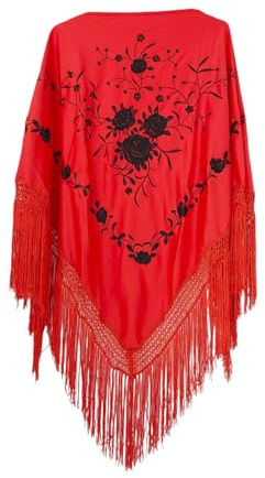 Flamifeel Dreieckiger bestickter Schal mit Fransen, 150/100/20, Rot/Schwarz, 38