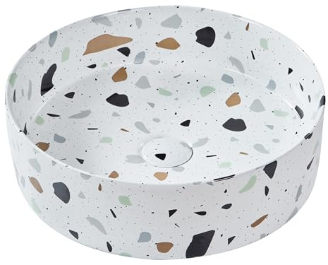 Aufsatzwaschbecken Keramik weiß Terrazzo Optik rund ⌀ 40 cm ohne Überlauf Nules