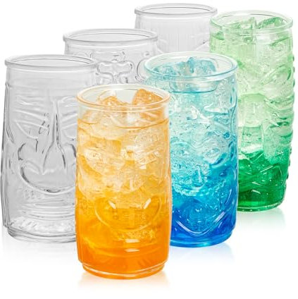 POLIDREAM Tiki Gläser Set mit 6 Vintage-Cocktailgläsern, geprägt, romantische Wassergläser, Mojito-Glas, Tumbler, hawaiianische Whiskygläser für Tiki-Bar, Urlaub, Party, 4 x 500 ml, 2 x 600 ml