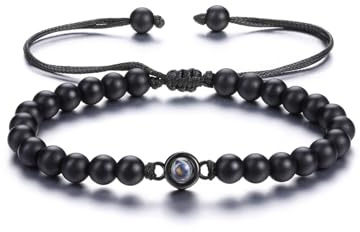 PiercingJak Bild Projektion Armband mit Foto im Stein Damen Herren Perlenarmband 6mm Edelstein Armbänder Einstellbar Kugelarmband Personalisierte Geschenke für Mann Frauen