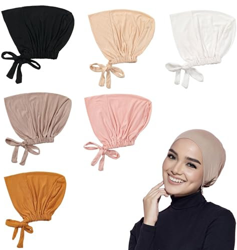 Elepl 6 Stück Frauen Undercap Hijab Kopftuch Damen Solid Color Unterschal Cap Mit Tie Back Untertuch Turban Mütze Chemo Kopfbedeckung Elastische Atmungsaktive Schlafhaube (6 Farben)