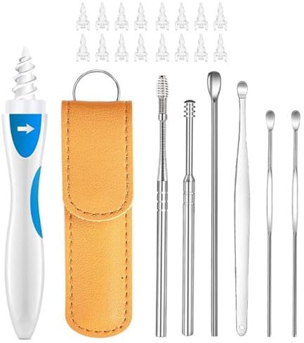 Ear Cleaning Kit with Suction Tool, 16 Replacement Heads, 6 Metal Ear Picks, Leather Case