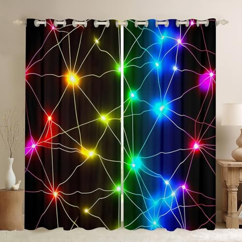 Homemissing Triangle Retro Neon Curtains (2 Panels,W66*L72) For Bedroom Kids Boys Girls Teens Colorful Stripes Blackout Curtains Rainbow Laser Window Treatments（No Glitter）