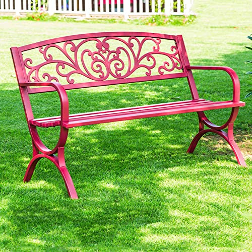 Gartenbank mit Stahlrahmen, wetterfestes Kissen, Terrasse, Loungesessel für Hinterhof, Rasen, Pool, rote Zweisitzer-Sofa-Möbel