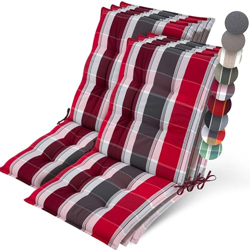 Beautissu 6er Set Premium Niedriglehner Auflage Gartenstuhl Polster | 100x50cm Rot-Anthrazit Gestreift 8cm dick rutschfestes robust UV-Lichtechtheit 5 Gartenstuhlauflage rutschfest Garten Sun-NL