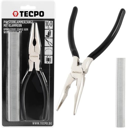 TECPO Polsterklammerzange Set, 8 Zoll (200 mm), inkl. 100 Carbonstahl-Klammern 23 mm, Spezialzange für Sitzbezug-Reparaturen & Sitzheizungen, mit Einkerbungen & Federmechanik für präzise Fixierung
