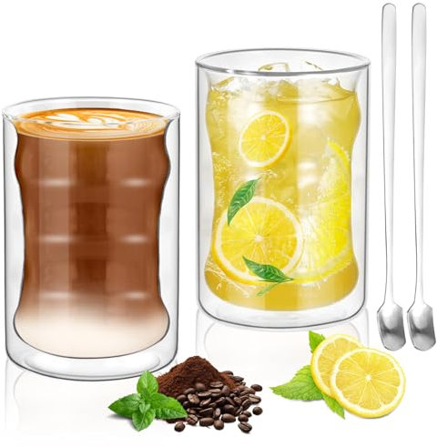 Cokaca Conjunto de 2 Tazas de Café de Cristal, 400ML Vasos de Espresso de Doble Pared Transparente, Tazas de Vidrio Borosilicato con 2 Cucharas y 1 Cepillo, para Cafe Leche Té Latte Macchiato y Más