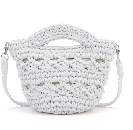 Faletony Summer Beach Crossbody Bag Woven Shoulder Bag with Zipper and Removeable strap Handmade Crochet Handbag Holiday Travel White