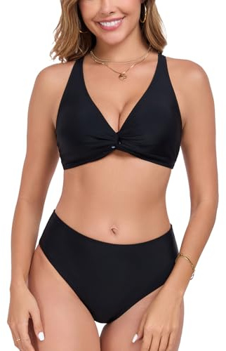 Sixyotie Women's High Waisted Bikini Set with Retro Chest Cross Swimwear Twist Pleated Bikini Bottom Swimming Costume Women 2 Piece Swimsuits (UK, Alpha, XXL, Regular, Regular, Black)