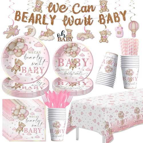 YJRJSC Bear Baby Shower Decorations, Girl We Can Barely Wait Tableware Includes Plate, Cup, Banner, Tablecloth, Napkin, Cutlery, Pink Teddy, Serve 24