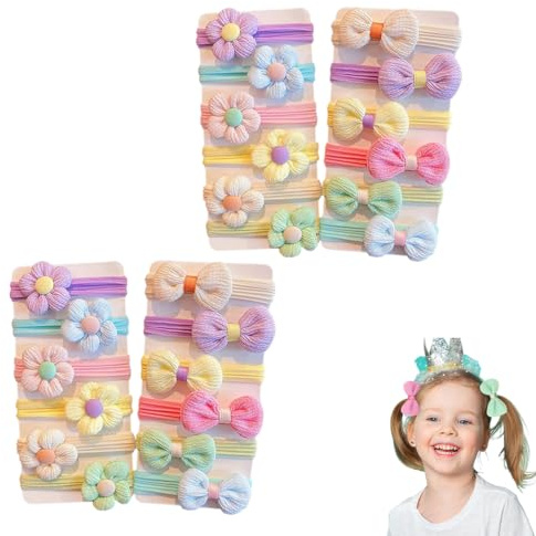 WUSJCOF 24 Stück Haargummis Mädchen Nahtlosem Haarschleife mit Blumen und Schleife Mädchen Haarschmuck Pferdeschwanzhalter für Kleinkinder Babys Mädchen (Bunte Schleife und Blume)