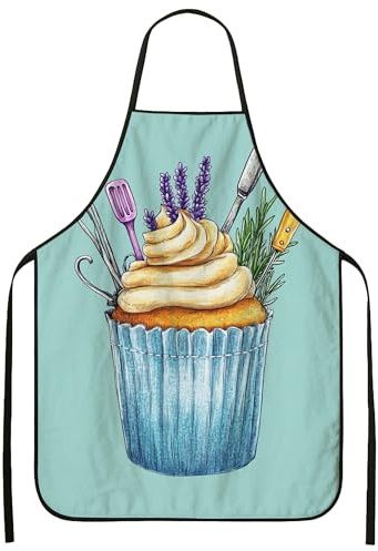 Delantal de cocina con diseño de cupcakes de lavanda para hornear, diseño de arte culinario, delantal de cocina floral para primavera y verano, para adultos, Perfe, Azul, 24x31 Inch