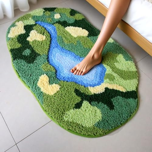 PTAEXCEL Cute Bath Mat, Moss Rug Soft Green Bathroom Rug, Non Slip Bath Mat Super Absorbent, Floral Nature Bathtub Mat Washable for Shower Bathroom Floor (Moss Green, 32 x 20)