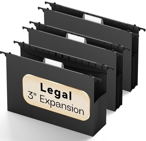 NORDUN Plastic Legal Hanging File Folders Extra Capacity,3 Expanding Pocket Legal Size,Expandable Large Black Hanging Folders with Tabs,Heavy Duty Filing Cabinet Folder for Bulky Files,6 Pack