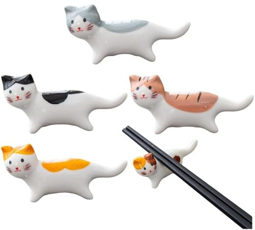 Baokuan Lot De 5 Repose-Baguettes en Céramique en Forme De Chat Porte-Bonheur, Support pour Cuillère, Couteau, Fourchette, Cadeau pour Maison