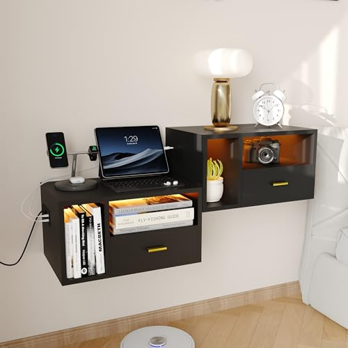ChromaCasa Table de Chevet Lot de 2 Suspendue avec LED RGB,2 Prises Secteur et 2 Ports USB & 2 Niveaux,Table de Nuit Lot de 2 Suspendue avec Un 1 Tiroir,46.5x30x25.5 cm,Convient pour la Chambre(Noir)