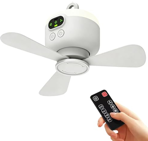 Camping Ventilator mit Licht, 8000mAh USB Deckenventilator mit Beleuchtung, Ventilator Deckenleuchte mit Haken, Abnehmbare Ventilatorflügel, 3-Geschwindigkeits-Deckenventilator für Angeln Outdoor