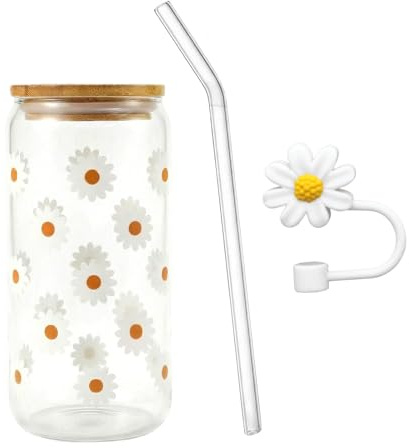 Rundago 1 Piezas Vaso de Cristal con Tapas y Pajita 16OZ, Elegante Taza de Té de Burbujas con Patrón de Crisantemo, Ideal para Café Helado y Batidos