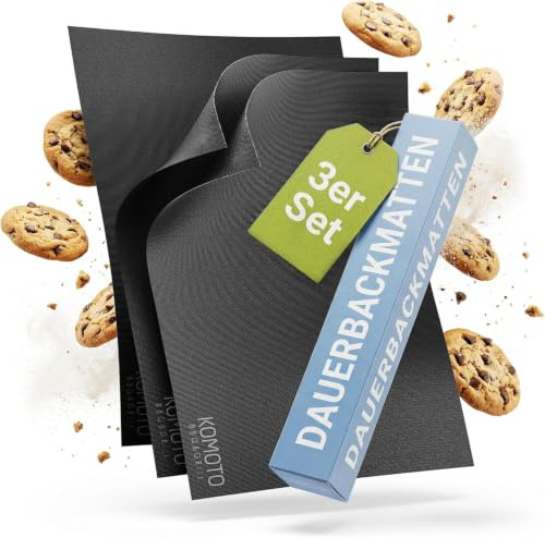Dauerbackfolie für Backofen (3er Pack) - Backpapier wiederverwendbar - Backmatte geeignet für Elektro- und Gasbackofen, antihaftbeschichtet - Kein BPA. Kein PFOA. Qualität von Komoto