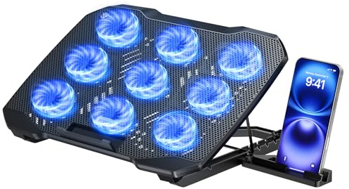 TECKNET Laptop Cooling Pad, Laptop Cooler with 9 Quiet Fans at 2600RPM, laptop cooling stand with Phone Holder, 5 Heights Adjustable, 2 USB Ports, suitable for 12-17 Inch, Grey