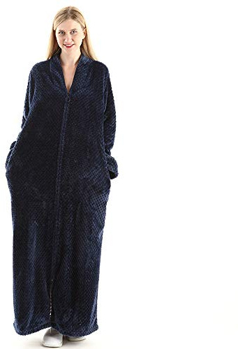 Oksun Peignoir de bain doux pour femme avec fermeture Éclair, peignoir de sauna en polaire, long - Bleu - X-Large