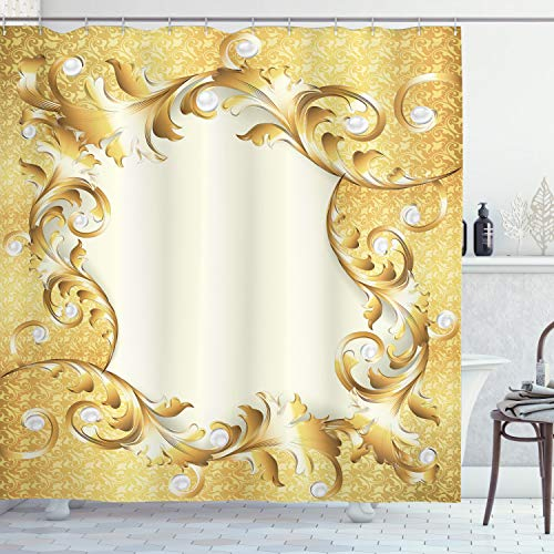 ABAKUHAUS Jahrgang Duschvorhang, Goldene Blumenverzierung, Stoffliches Gewebe Badezimmerdekorationsset mit Haken, 175 x 200 cm, Creme Gelb