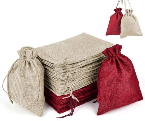 Miavogo 30 x Säckchen zum Befüllen Jutesäckchen Jutebeutel,20 x 15 cm,Stoffbeutel Basteln Kleine Geschenke für Bonbons Lavendel Kräuter,15 x Beige & 15 x Weinrot