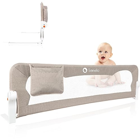 lionelo Eva Sponda letto universale Barriera protettiva per letto 150 cm Installazione facile, 180gradi di reclinazione, Sponda pieghevole con blocco Standsafe Sicura e Tasca, Cancelletto per bambini