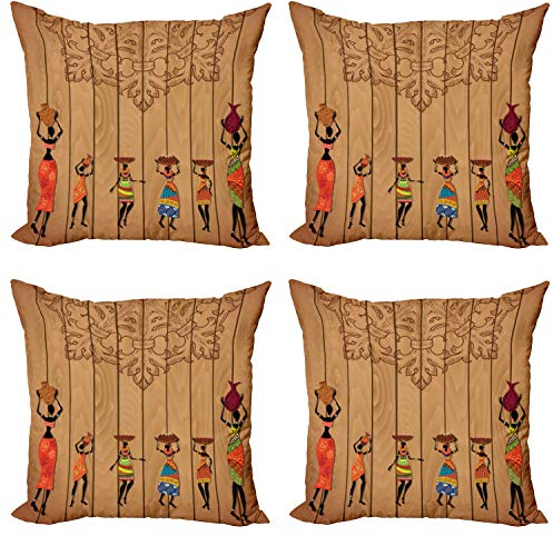 ABAKUHAUS afrikanisch Kissenbezug Set (4 Stück), Aboriginal Mädchen-Kunst, moderner doppelseitiger Digitaldruck, 45 cm, Mehrfarbig