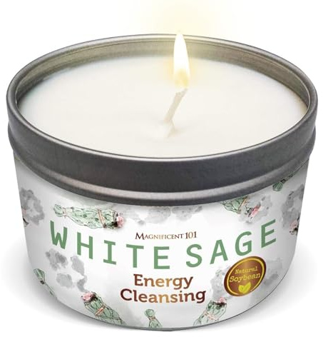 Magnificent 101 Long Lasting White Sage Scented Smudge Candle | 6 Oz - 35 Hour Burn | All Natural & Organic Soy Wax Candle for House Energy Cleansing Purification, Chakra Healing & Manifestation