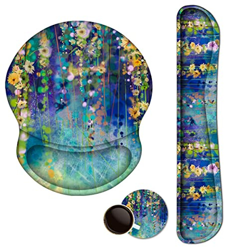 ArtSo Mauspad, Tastatur-Handgelenkauflage, ergonomisch, verbessertes Kissen, Gel-Memory-Schaum, rutschfeste Gummiunterseite, Schmerzlinderung und einfaches Tippen für Zuhause, Büro, Ölgemälde Blumen