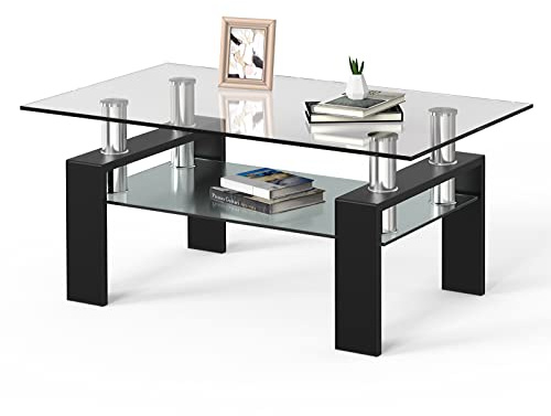 CASART Tempered Glass Coffee Table, Rectangle Side End Table with 2-Tier Storage Shelves, Modern Sofa Tea Table Living Room Furniture, 100 x 60 x 45cm (Black)