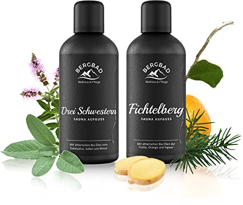 BERGBAD 2 x 100ml WINTER SPA Set BIO Saunaaufguss Fichte + Orange + Ingwer und Eukalyptus + Salbei + Minze - wohltuendes, erfrischendes Sauna-Aufgussmittel mit Bio-Alkohol, Wasser und 100% BIO Ölen