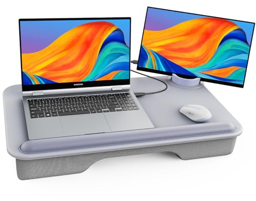 SAIJI LaptopSchreibtisch DesignerDoppelbildschirm robust anhebbarer TelefonTabletSchlitz Bett Couch leicht tragbar Heimbüro PVCLeder Desktop mit Handgelenkauflage Doppelkissen (groß grau)