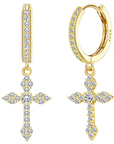 KRFY Kreuz Ohrringe Gold 925 Sterling Silber für Damen Herren Zierlich Klein Huggie Ohrringe Creolen mit Kreuz Leichtgewicht Hypoallergen 18K Vergoldet Hängend Creolen Gold