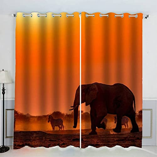 Aolity Vorhänge Ösen Gardinen Elefant Verdunklungsvorhänge Wohnzimmer Schlafzimmer Kinderzimmer Mädchen Jungen Zebra Sonnenuntergang Vorhänge Blickdicht 140 x 160 cm (BxH)
