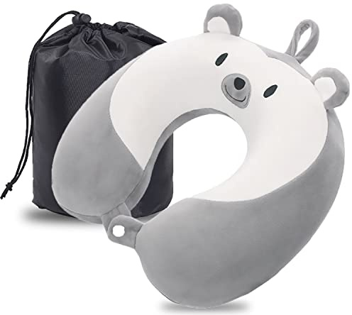 MASMAS Almohada de Viaje Oso 3D, Cojín para Cuello Viscoelástica de Espuma Memoria, Cómoda para la Cervical, Ortopédica Soporte de Nuca para Viajar Coche Avión Bus (Gris Oso)