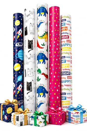 Kinder Geschenkpapier Set 5 Rollen 2m x 70cm – Geburtstag Geschenkpapier für Jungen & Mädchen – Dino, Weltraum, Sterne, Katzen & Birthday Party – Gerollt statt gefaltet