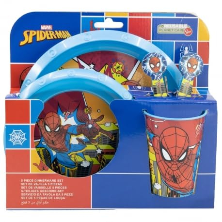 Favourite 2023 Hero Cartoon Character 5pc Breakfast Set Inc Plate, Tumbler, Bowl, Fork, Spoon re-usable Plastic (Spiderman)