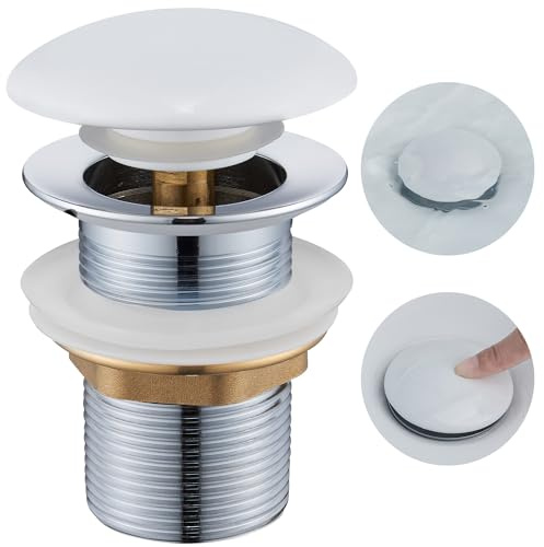 Desagüe Lavabo sin Rebosadero, Ulytid Tapon Pop Up Lavabo con Tapa de Cerámica, Válvula Desagüe Click Clack Lavabo Universal G1 1/4 para Fregadero Baño y Aseo, Blanco