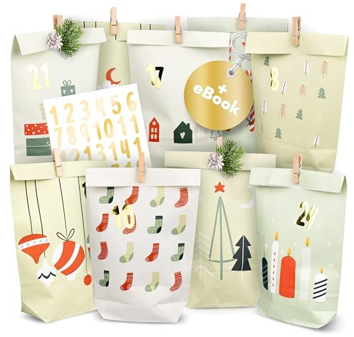 AMARI ® Adventskalender zum Befüllen - 24 Papier Adventskalender Tüten (mit Holzklammern) zum Basteln für Kinder - Papier Weihnachtskalender zum selber befüllen Tüten Weihnachtskalender selber basteln