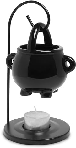 Anbar Brûleur de cire chaudron avec bougie chauffe-plat, support de réchauffement, décoration à suspendre pour salon, décoration d'intérieur et aromathérapie, pot chauffant effrayant d'Halloween noir