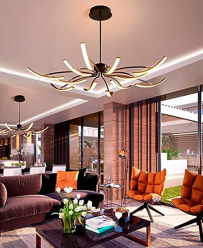 Moderne LED-Deckenleuchte DIY dimmbare LED-Pendelleuchte Wohnzimmerleuchte mit Fernbedienung, Kronleuchter gold/Kronleuchter schwarz für Esszimmer, Schlafzimmer, lampe wohnzimmer (schwarz, 12 Köpfe)