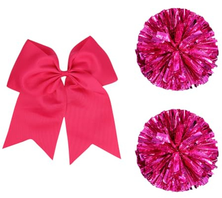 JIHUOO 2 Pcs Cheerleader Pom Poms Team Spirit Pom Poms Dance Team Pom Poms Sports Fan Pom Poms with Big Cheerleader Hair Bows Cheerleading Costume Accessories Hot Pink