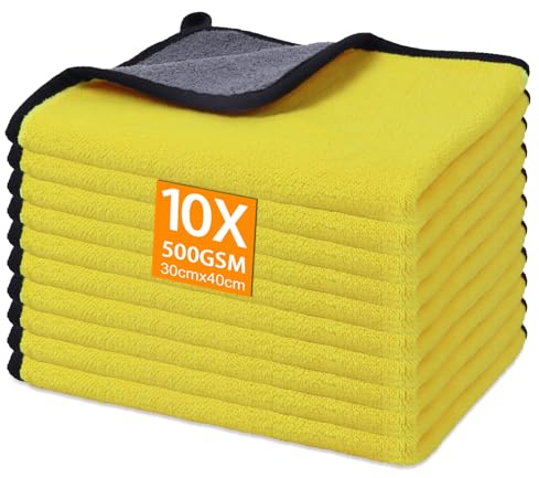 Gucass 10 Stück Mikrofasertücher Auto, 500 GSM Poliertuch Auto Trockentücher Extrem Saugstark, Fusselfreie Microfasertuch Reinigungstuch für Pflege von Motorrad Hause Küche, 30x40cm, Gelb
